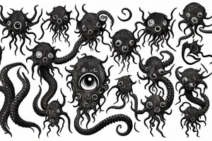 "Hermaeus Mora" huge black mass of a lot of tentacles and a lot of randomly placed eyeballs horizontally symmetric with necronormicon tattoo idea