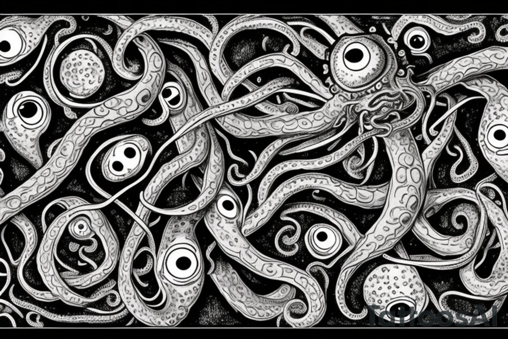 "Hermaeus Mora" huge black mass of a lot of tentacles and a lot of randomly placed eyeballs horizontally symmetric with necronormicon tattoo idea