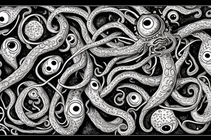 "Hermaeus Mora" huge black mass of a lot of tentacles and a lot of randomly placed eyeballs horizontally symmetric with necronormicon tattoo idea