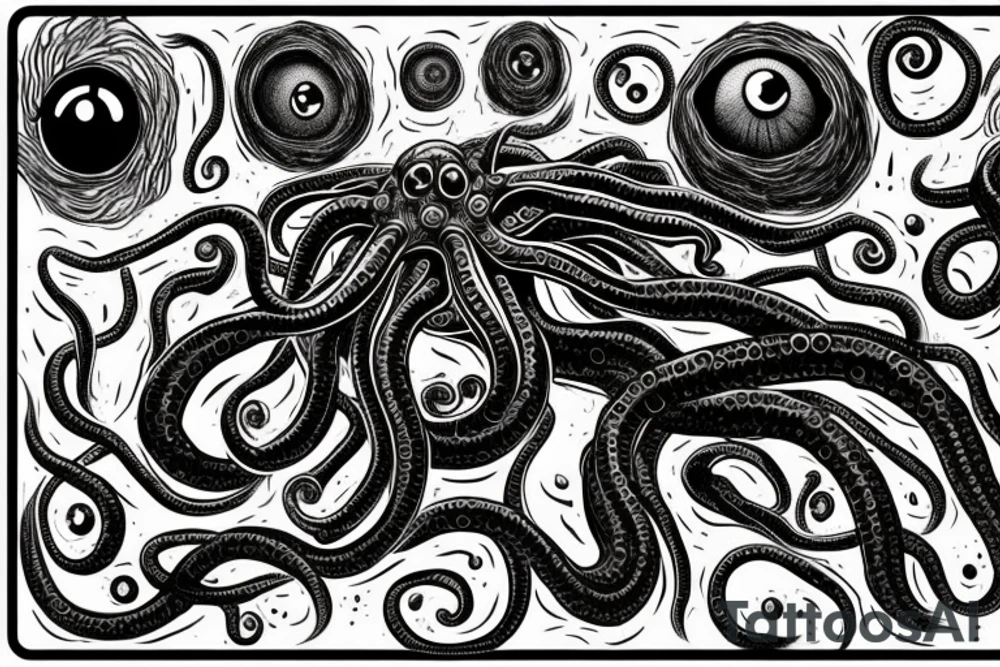 "Hermaeus Mora" huge black mass of a lot of tentacles and a lot of randomly placed eyeballs horizontally symmetric with necronormicon tattoo idea