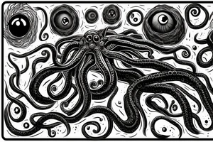 "Hermaeus Mora" huge black mass of a lot of tentacles and a lot of randomly placed eyeballs horizontally symmetric with necronormicon tattoo idea
