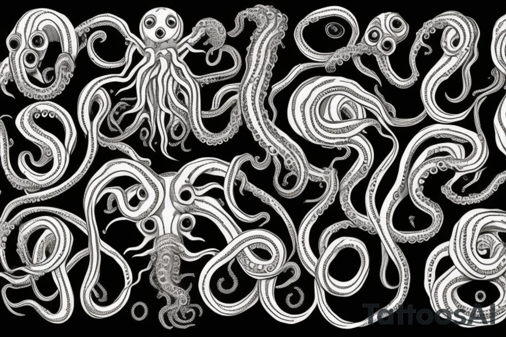 "Hermaeus Mora" huge black mass of a lot of tentacles and a lot of randomly placed eyeballs horizontally symmetric with necronormicon tattoo idea