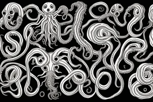"Hermaeus Mora" huge black mass of a lot of tentacles and a lot of randomly placed eyeballs horizontally symmetric with necronormicon tattoo idea