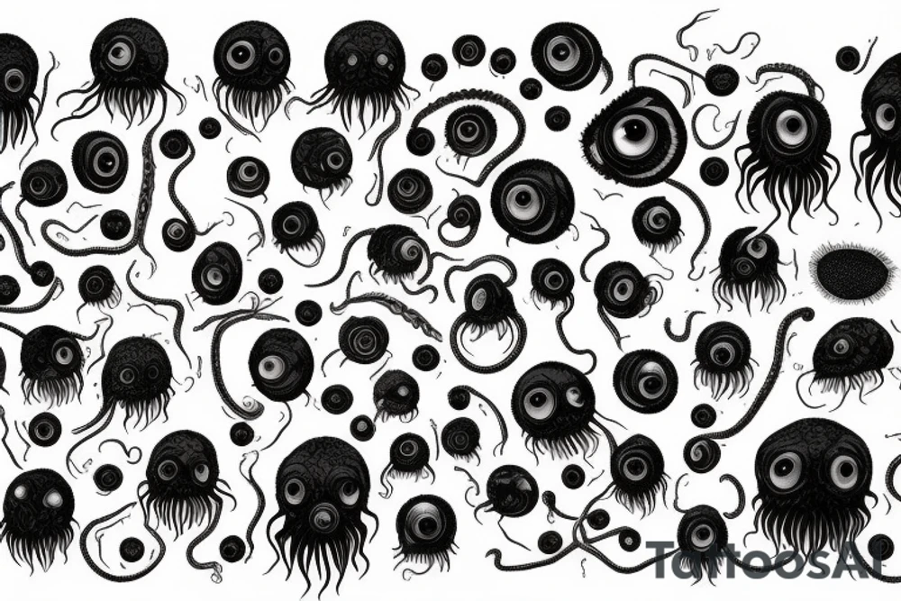 "Hermaeus Mora" huge black mass of a lot of tentacles and a lot of randomly placed eyeballs horizontally symmetric with necronormicon tattoo idea