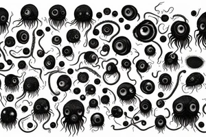 "Hermaeus Mora" huge black mass of a lot of tentacles and a lot of randomly placed eyeballs horizontally symmetric with necronormicon tattoo idea