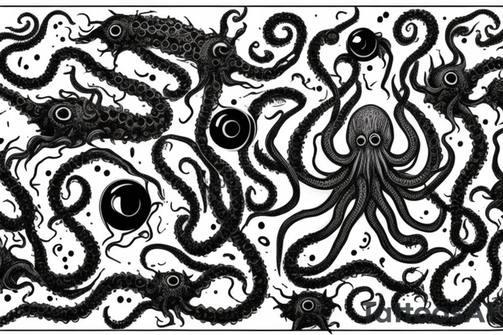 "Hermaeus Mora" huge black mass of a lot of tentacles and a lot of randomly placed eyeballs horizontally symmetric with necronormicon tattoo idea