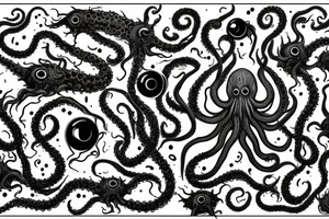 "Hermaeus Mora" huge black mass of a lot of tentacles and a lot of randomly placed eyeballs horizontally symmetric with necronormicon tattoo idea