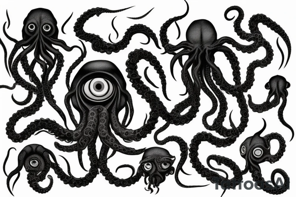 "Hermaeus Mora" huge black mass of a lot of tentacles in the middle and a lot of randomly placed eyeballs horizontally symmetric with necronormicon tattoo idea
