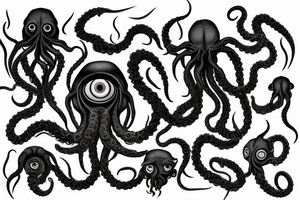 "Hermaeus Mora" huge black mass of a lot of tentacles in the middle and a lot of randomly placed eyeballs horizontally symmetric with necronormicon tattoo idea