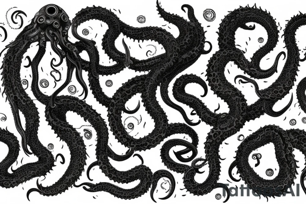 "Hermaeus Mora" huge black mass of a lot of tentacles in the middle and a lot of randomly placed eyeballs horizontally symmetric with necronormicon tattoo idea