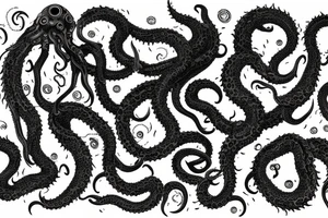 "Hermaeus Mora" huge black mass of a lot of tentacles in the middle and a lot of randomly placed eyeballs horizontally symmetric with necronormicon tattoo idea
