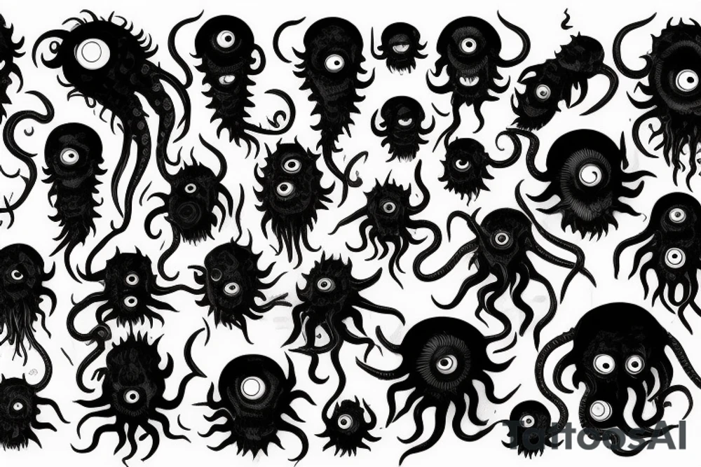 "Hermaeus Mora" huge black mass of a lot of tentacles in the middle and a lot of randomly placed eyeballs horizontally symmetric with necronormicon tattoo idea