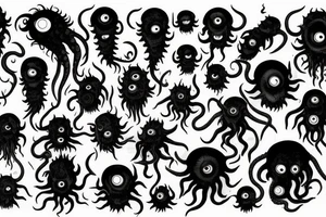 "Hermaeus Mora" huge black mass of a lot of tentacles in the middle and a lot of randomly placed eyeballs horizontally symmetric with necronormicon tattoo idea