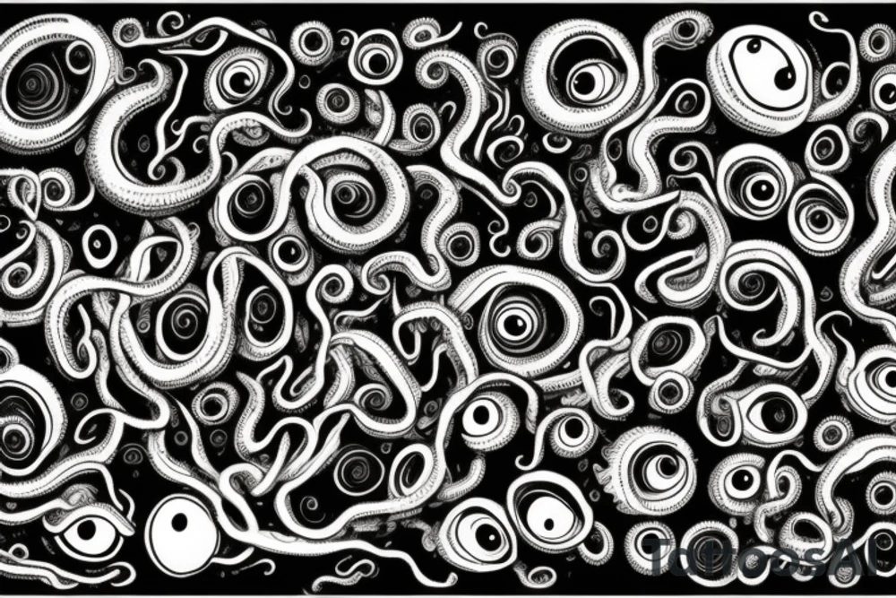 "Hermaeus Mora" huge black mass of a lot of tentacles in the middle and a lot of randomly placed eyeballs horizontally symmetric with necronormicon tattoo idea
