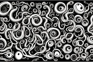 "Hermaeus Mora" huge black mass of a lot of tentacles in the middle and a lot of randomly placed eyeballs horizontally symmetric with necronormicon tattoo idea