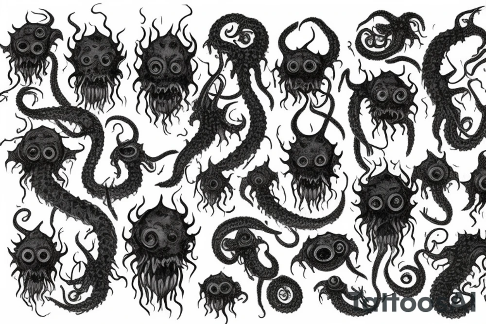 "Hermaeus Mora" huge black mass  in the middle of a lot of tentacles from middle to out and a lot of randomly placed eyeballs horizontally symmetric with necronormicon tattoo idea
