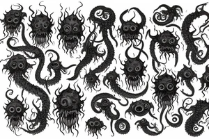 "Hermaeus Mora" huge black mass  in the middle of a lot of tentacles from middle to out and a lot of randomly placed eyeballs horizontally symmetric with necronormicon tattoo idea