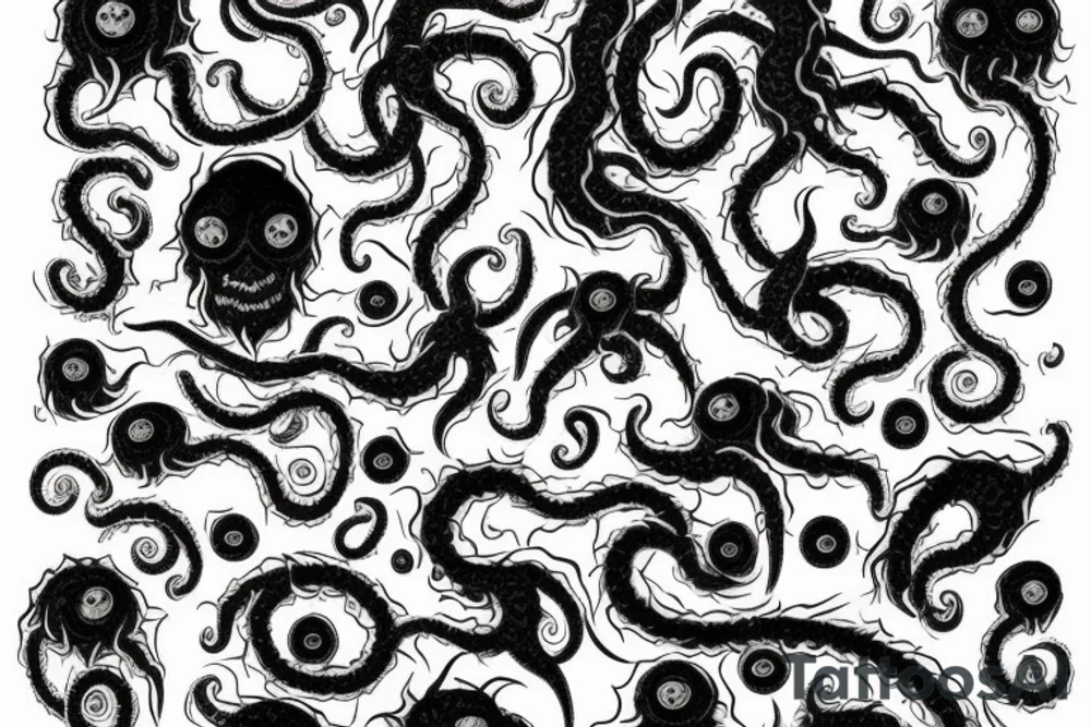 "Hermaeus Mora" huge black mass  in the middle of a lot of tentacles from middle to out and a lot of randomly placed eyeballs horizontally symmetric with necronormicon tattoo idea