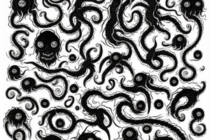 "Hermaeus Mora" huge black mass  in the middle of a lot of tentacles from middle to out and a lot of randomly placed eyeballs horizontally symmetric with necronormicon tattoo idea