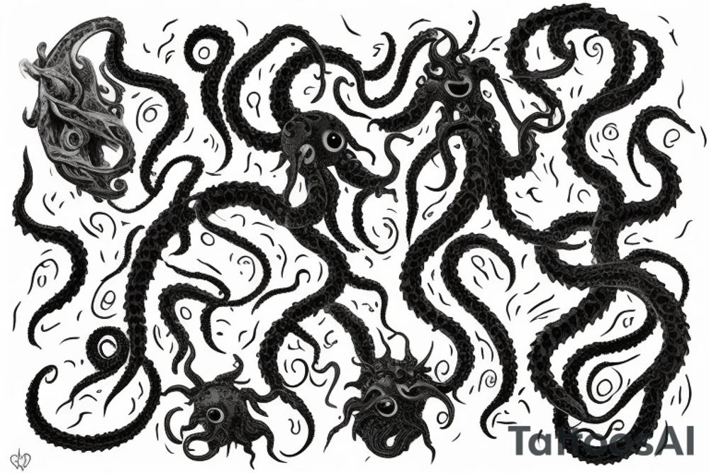 "Hermaeus Mora" huge black mass  in the middle of a lot of tentacles from middle to out and a lot of randomly placed eyeballs 

horizontally symmetric 
with necronormicon tattoo idea