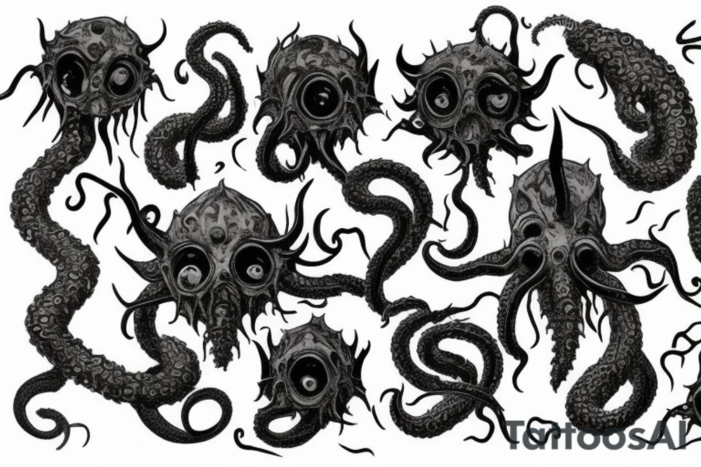 "Hermaeus Mora" huge black mass  in the middle of a lot of tentacles from middle to out and a lot of randomly placed eyeballs 

horizontally symmetric 
with necronormicon tattoo idea