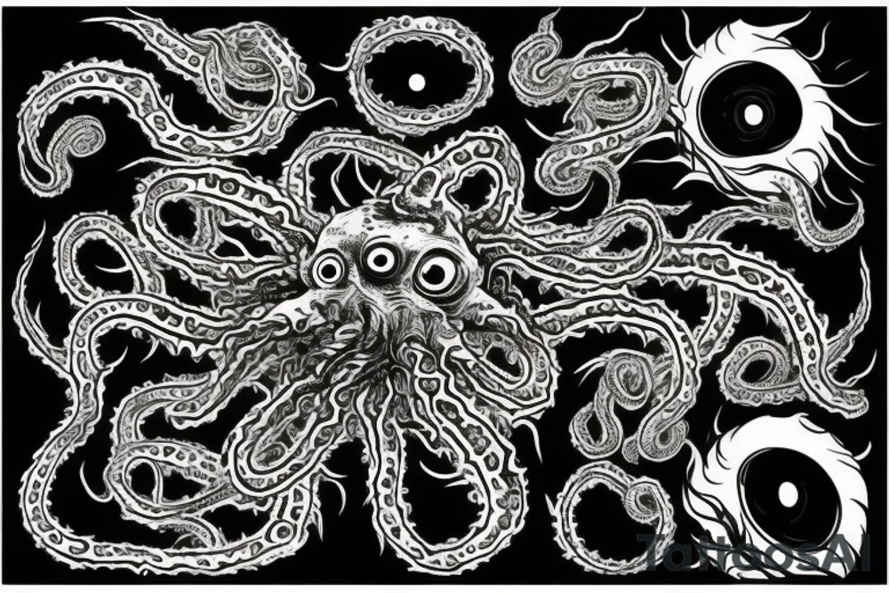 "Hermaeus Mora" huge black mass  in the middle of a lot of tentacles with eyeballs from middle to out and a lot of randomly placed eyeballs 

horizontally symmetric 
with necronormicon tattoo idea