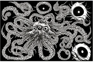 "Hermaeus Mora" huge black mass  in the middle of a lot of tentacles with eyeballs from middle to out and a lot of randomly placed eyeballs 

horizontally symmetric 
with necronormicon tattoo idea
