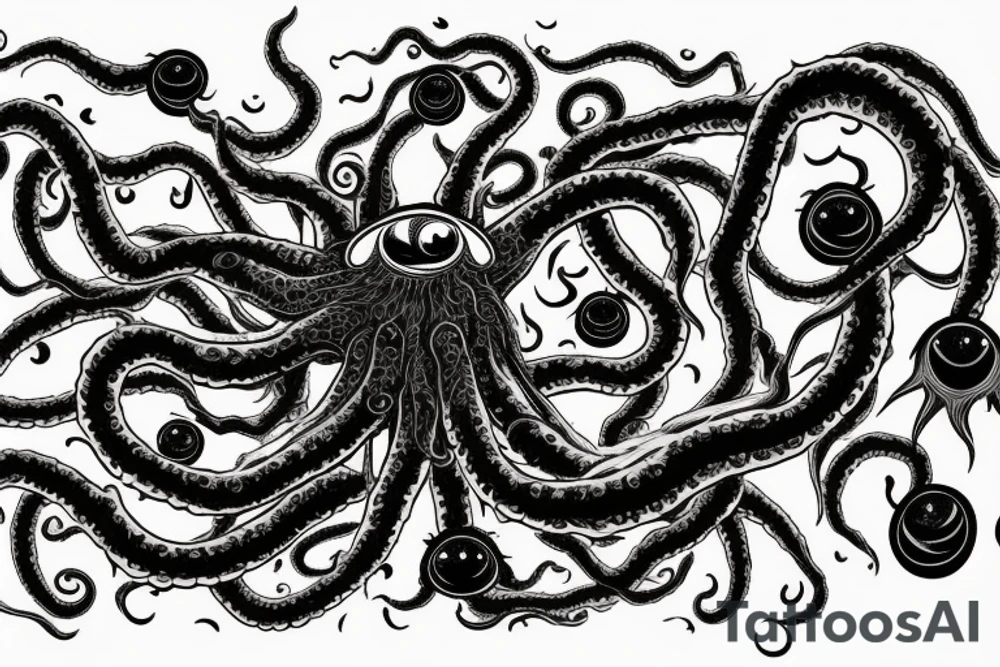 "Hermaeus Mora" huge black mass  in the middle of a lot of tentacles with eyeballs from middle to out and a lot of randomly placed eyeballs 

horizontally symmetric 
with necronormicon tattoo idea