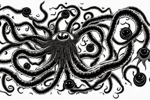 "Hermaeus Mora" huge black mass  in the middle of a lot of tentacles with eyeballs from middle to out and a lot of randomly placed eyeballs 

horizontally symmetric 
with necronormicon tattoo idea