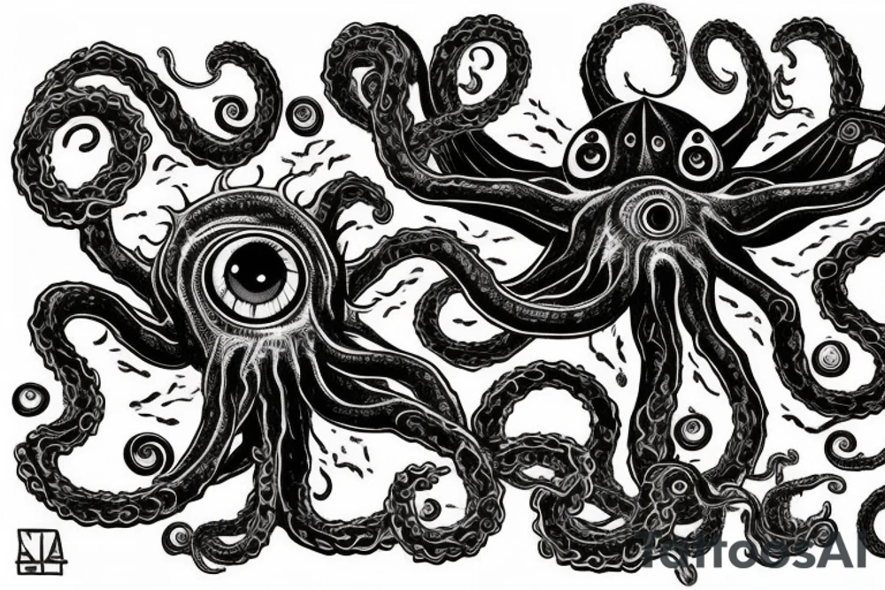 "Hermaeus Mora" huge black mass  in the middle of a lot of tentacles with eyeballs from middle to out and a lot of randomly placed eyeballs 

horizontally symmetric 
with necronormicon tattoo idea