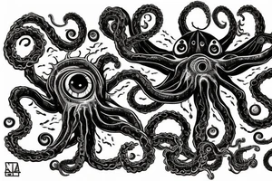 "Hermaeus Mora" huge black mass  in the middle of a lot of tentacles with eyeballs from middle to out and a lot of randomly placed eyeballs 

horizontally symmetric 
with necronormicon tattoo idea