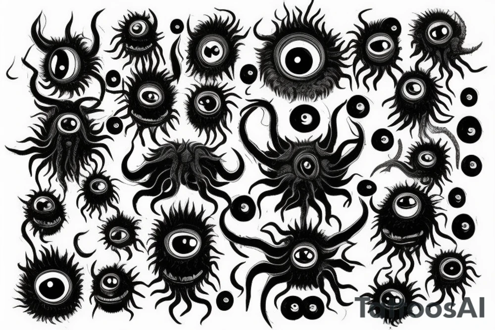 "Hermaeus Mora" huge black mass  in the middle of a lot of tentacles with eyeballs from middle to out and a lot of randomly placed eyeballs 

horizontally symmetric 
with necronormicon tattoo idea