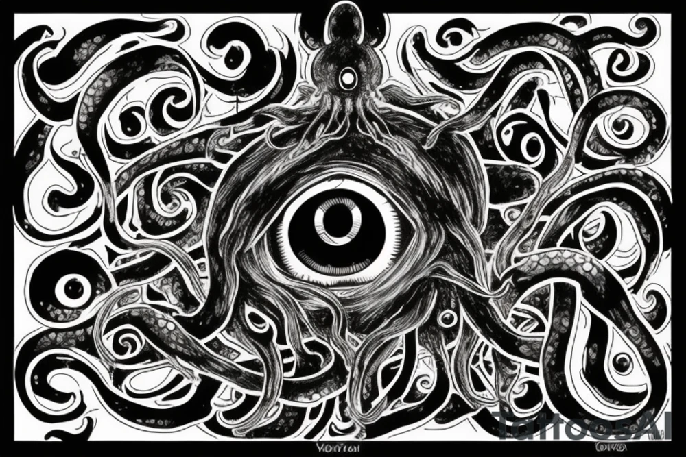 "Hermaeus Mora" huge black mass  in the middle of a lot of tentacles with eyeballs from middle to out and a lot of randomly placed eyeballs 

horizontally symmetric 
with necronormicon tattoo idea