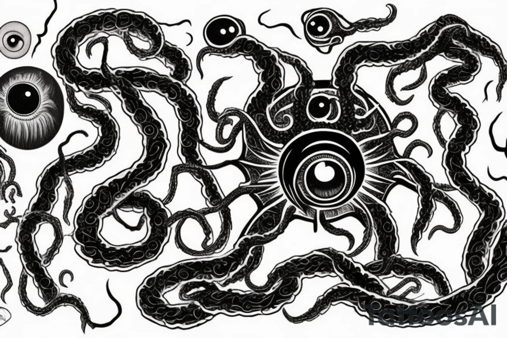 "Hermaeus Mora" huge black mass  in the middle of a lot of tentacles with eyeballs from middle to out and a lot of randomly placed eyeballs 

horizontally symmetric 
with necronormicon tattoo idea
