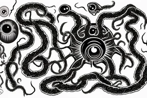 "Hermaeus Mora" huge black mass  in the middle of a lot of tentacles with eyeballs from middle to out and a lot of randomly placed eyeballs 

horizontally symmetric 
with necronormicon tattoo idea