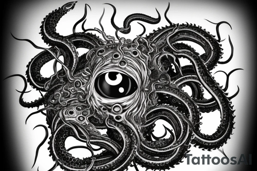 "Hermaeus Mora" huge black mass  in the middle of a lot of tentacles with eyeballs from middle to out and a lot of randomly placed eyeballs 

horizontally symmetric 
with necronormicon tattoo idea