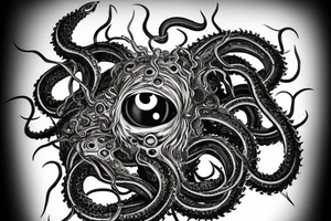 "Hermaeus Mora" huge black mass  in the middle of a lot of tentacles with eyeballs from middle to out and a lot of randomly placed eyeballs 

horizontally symmetric 
with necronormicon tattoo idea