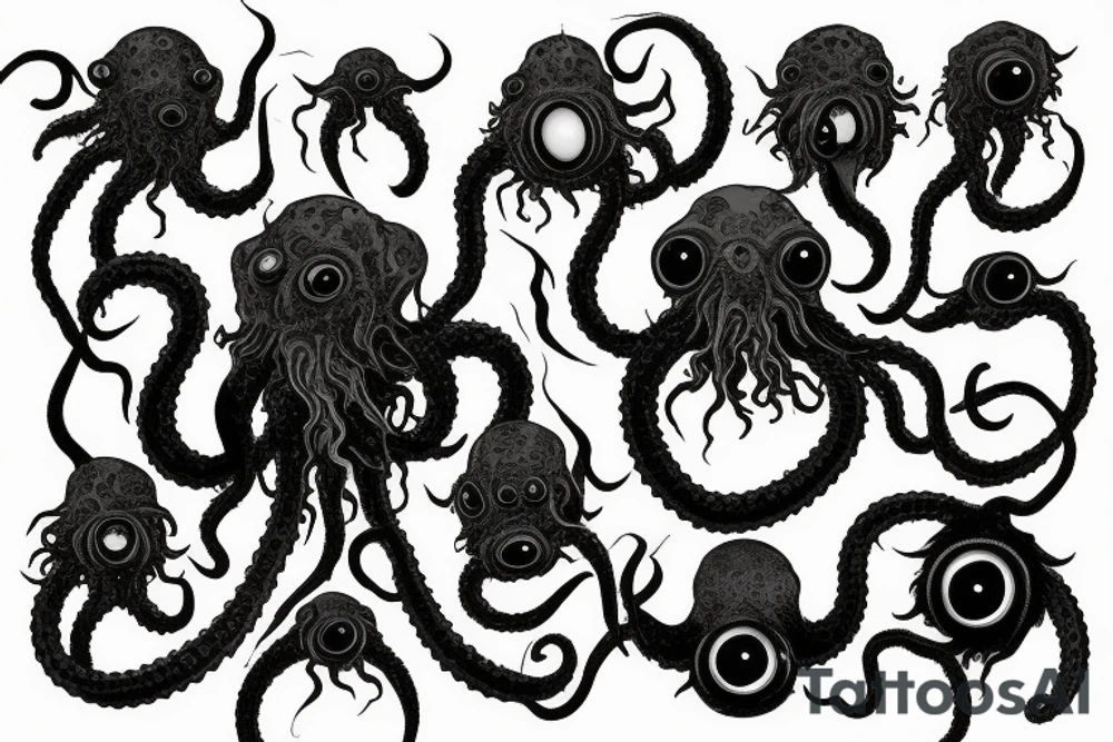 "Hermaeus Mora" huge black mass  in the middle of a lot of tentacles with eyeballs from middle to out and a lot of randomly placed eyeballs 

horizontally symmetric 
with necronormicon tattoo idea