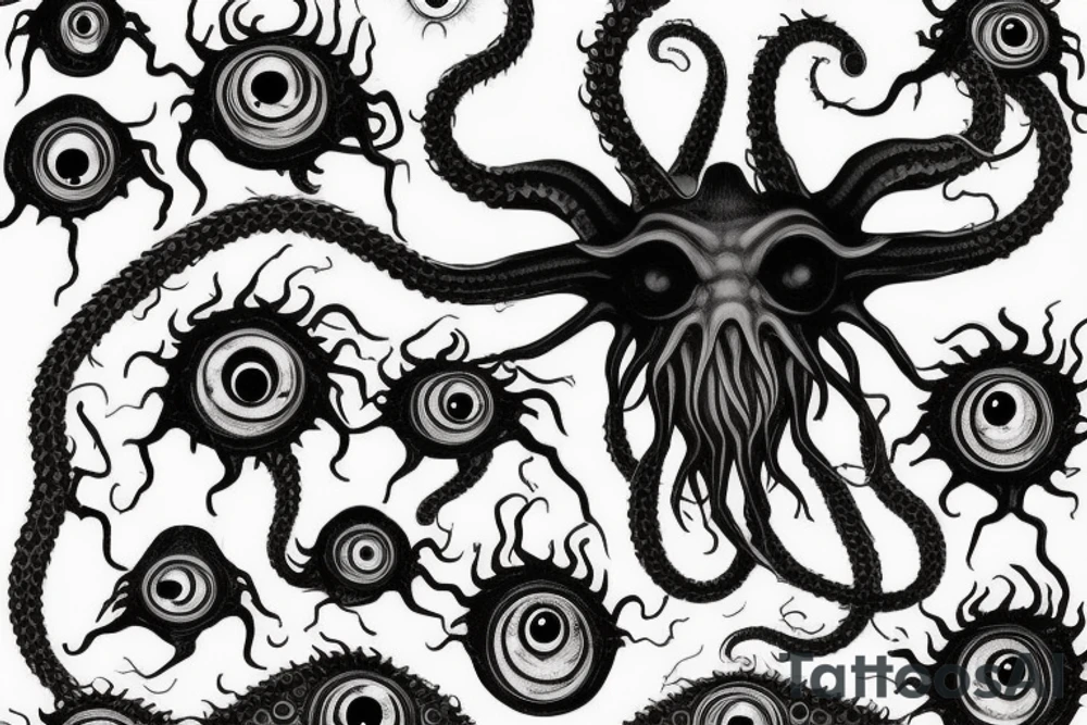 "Hermaeus Mora" huge black mass  in the middle of a lot of tentacles with eyeballs from middle to out and a lot of randomly placed eyeballs 

horizontally symmetric 
with necronormicon tattoo idea