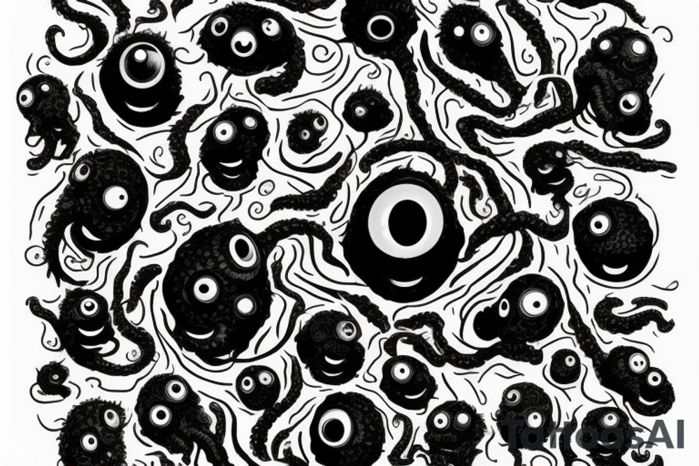 "Hermaeus Mora" huge black mass  in the middle of a lot of tentacles with eyeballs from middle to out and a lot of randomly placed eyeballs 

horizontally symmetric 
with necronormicon tattoo idea