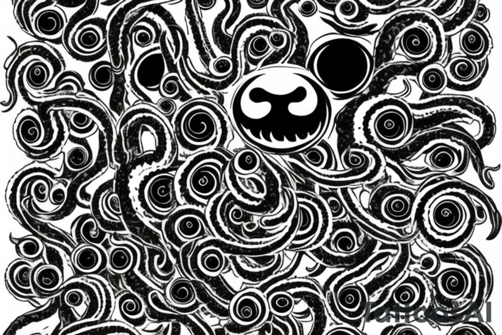 "Hermaeus Mora" huge black mass  in the middle of a lot of tentacles with eyeballs from middle to out and a lot of randomly placed eyeballs 

horizontally symmetric 
with necronormicon tattoo idea