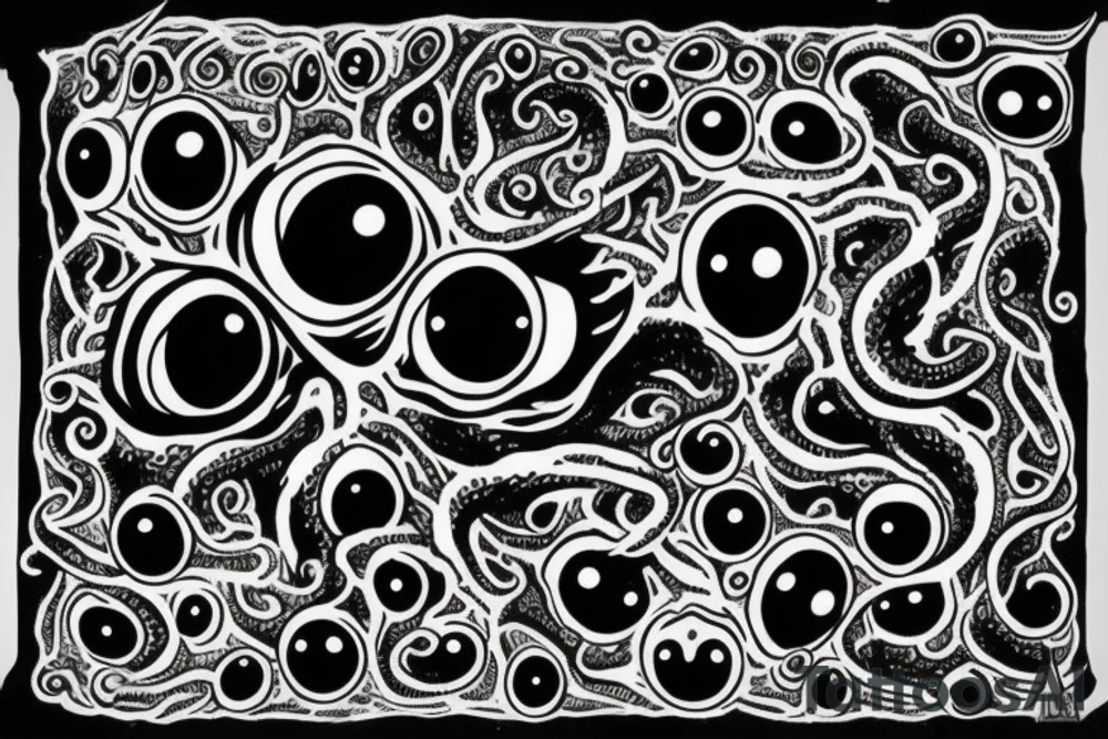 "Hermaeus Mora" huge black mass  in the middle of a lot of tentacles with eyeballs from middle to out and a lot of randomly placed eyeballs 

horizontally symmetric 
with necronormicon tattoo idea