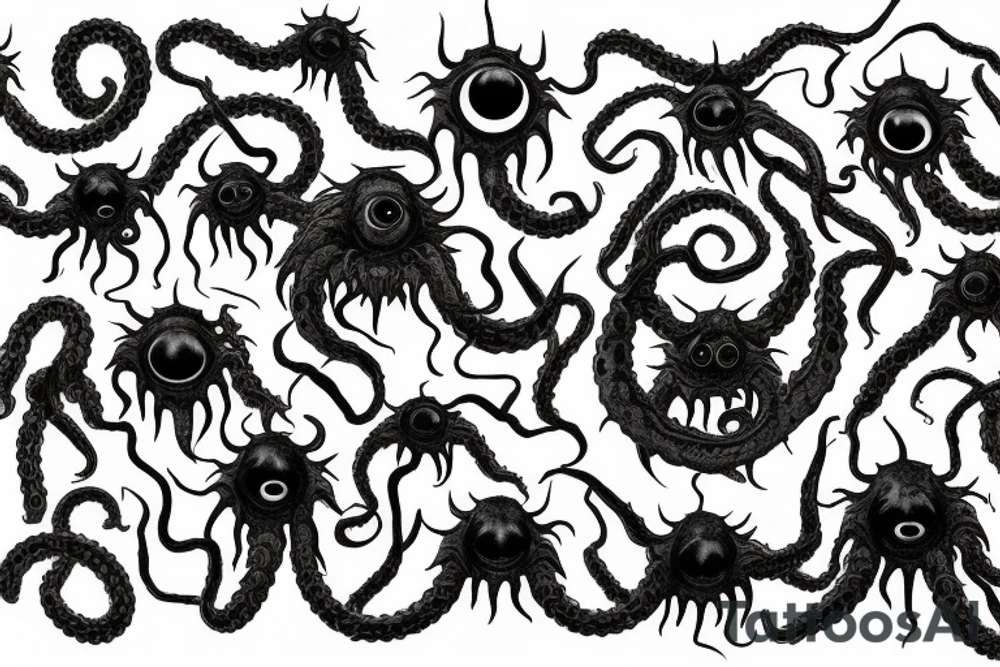 "Hermaeus Mora" huge black mass  in the middle of a lot of tentacles with eyeballs from middle to out and a lot of randomly placed eyeballs 

horizontally symmetric 
with necronormicon tattoo idea
