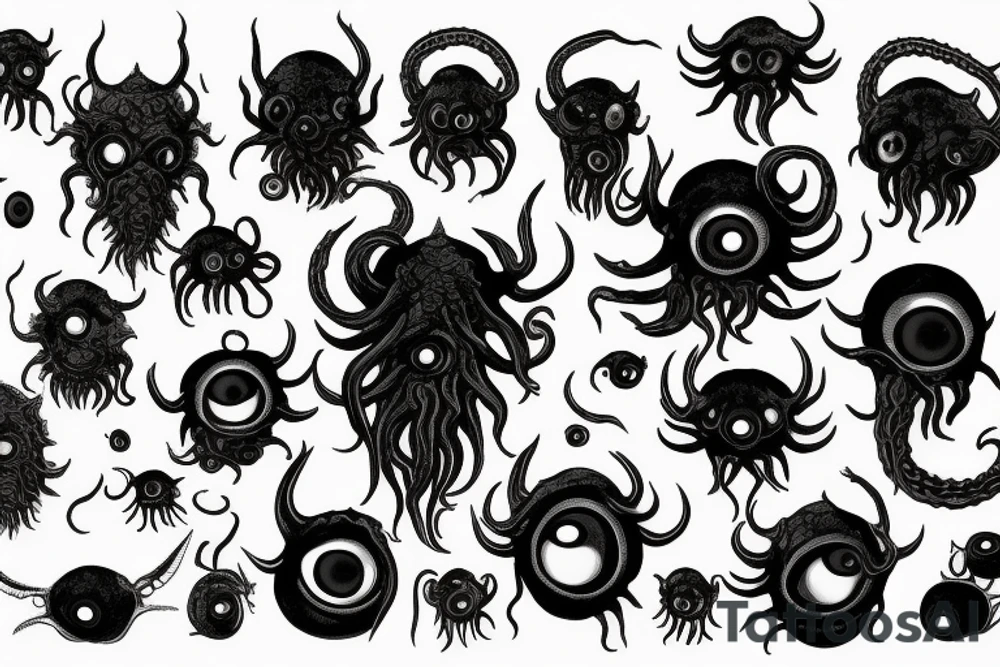 "Hermaeus Mora" huge black mass  in the middle of a lot of tentacles with eyeballs from middle to out and a lot of randomly placed eyeballs 

horizontally symmetric 
with necronormicon tattoo idea
