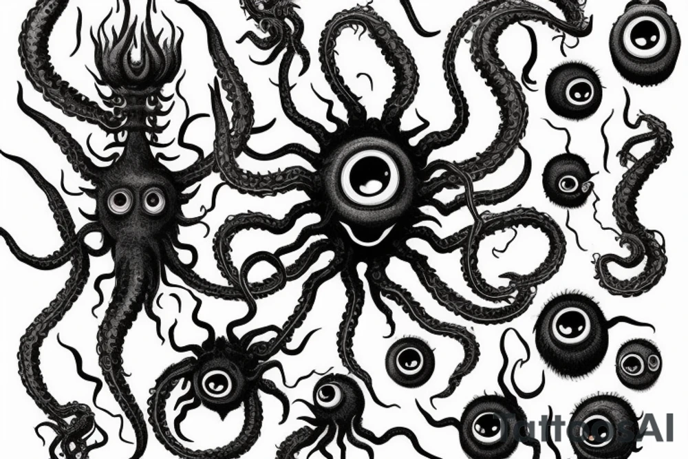 "Hermaeus Mora" 
huge black mass  in the middle with a lot of tentacles with eyeballs from middle to out and a lot of randomly placed eyeballs 

horizontally symmetric 
with necronormicon tattoo idea