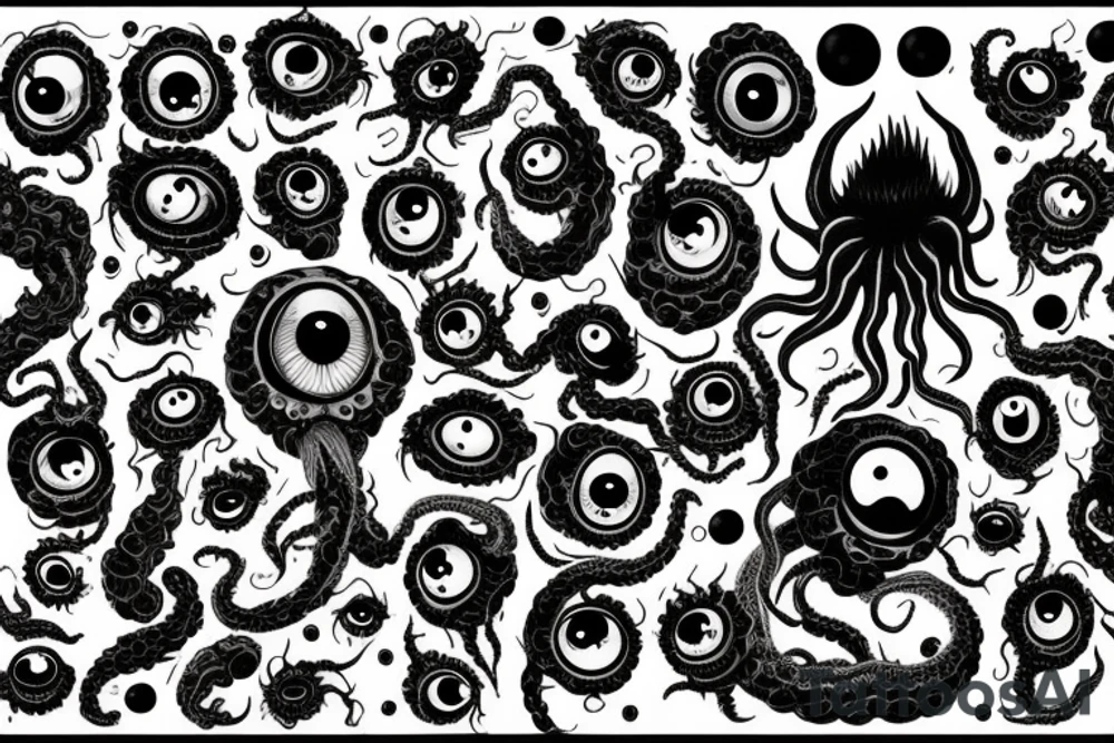 "Hermaeus Mora" 
huge black mass  in the middle with a lot of tentacles with eyeballs from middle to out and a lot of randomly placed eyeballs 

horizontally symmetric 
with necronormicon tattoo idea