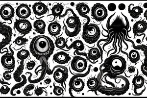 "Hermaeus Mora" 
huge black mass  in the middle with a lot of tentacles with eyeballs from middle to out and a lot of randomly placed eyeballs 

horizontally symmetric 
with necronormicon tattoo idea