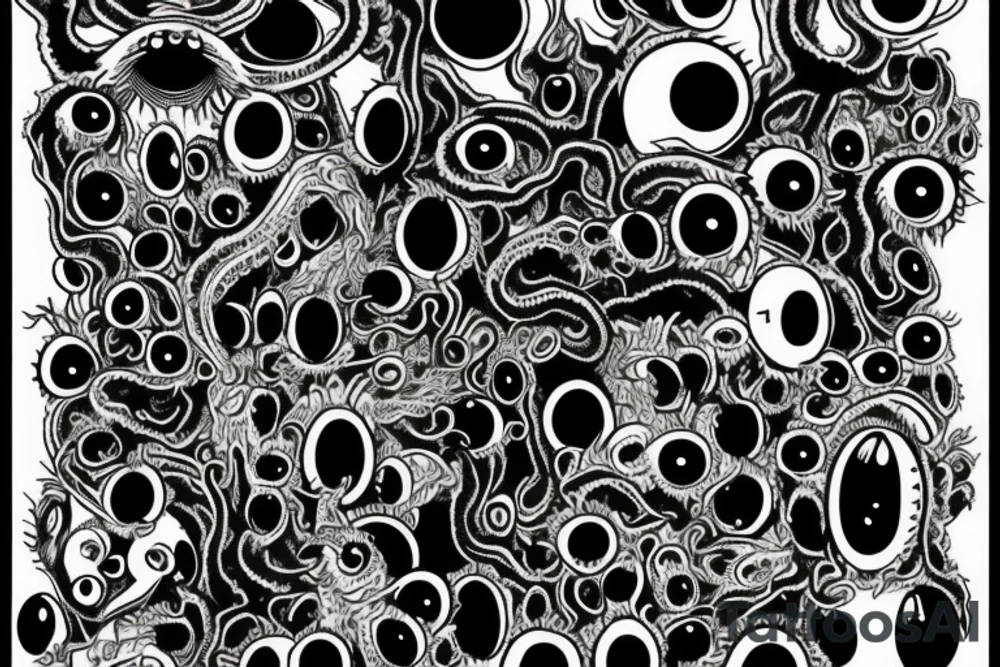 "Hermaeus Mora" 
huge black mass  in the middle with a lot of tentacles with eyeballs from middle to out and a lot of randomly placed eyeballs 

horizontally symmetric 
with necronormicon tattoo idea