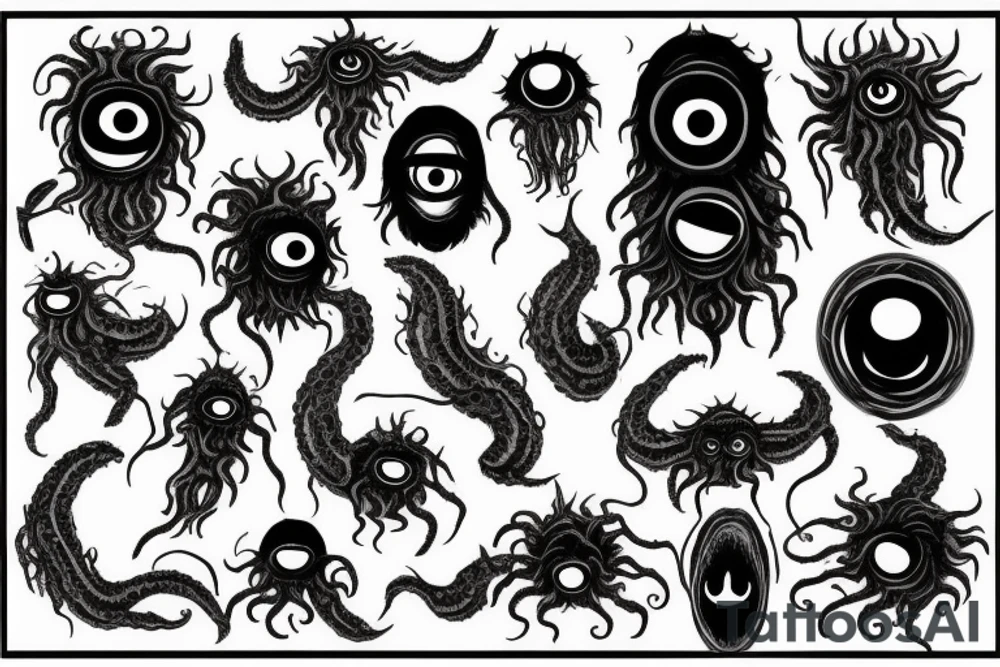 "Hermaeus Mora" 
huge black mass  in the middle with a lot of tentacles with eyeballs from middle to out and a lot of randomly placed eyeballs 

horizontally symmetric 
with necronormicon tattoo idea