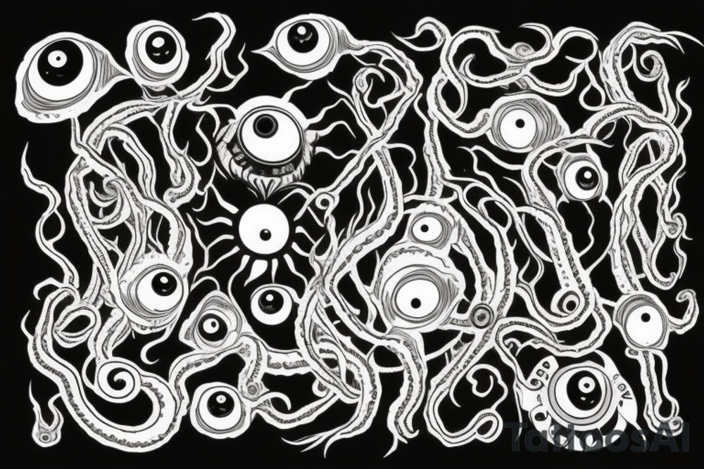 "Hermaeus Mora" 
huge black mass  in the middle with a lot of tentacles with eyeballs from middle to out and a lot of randomly placed eyeballs 

horizontally symmetric 
with necronormicon tattoo idea